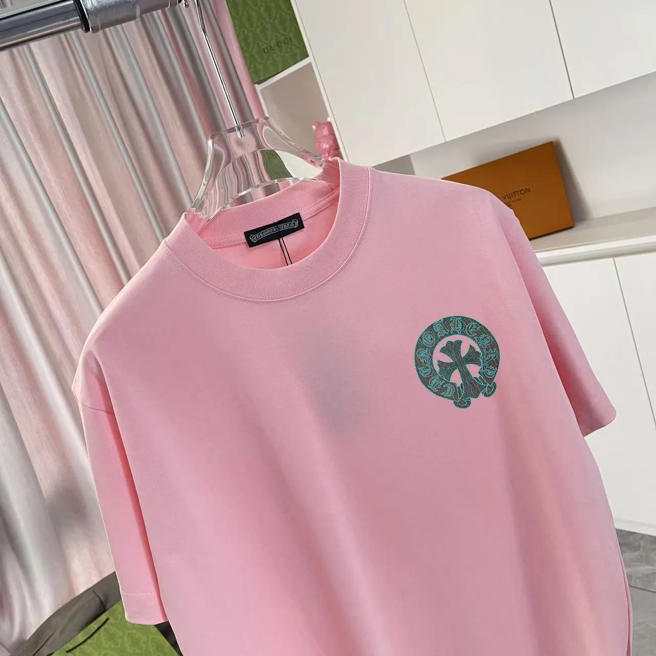 🅿️170 ch Crow*2025 summer new style Sanskrit cross horseshoe print short-sleeved T-shirt customized fabric 300g same style for men and women Size: S M L XL XXL five sizes Color: black white pink rose red iron gray